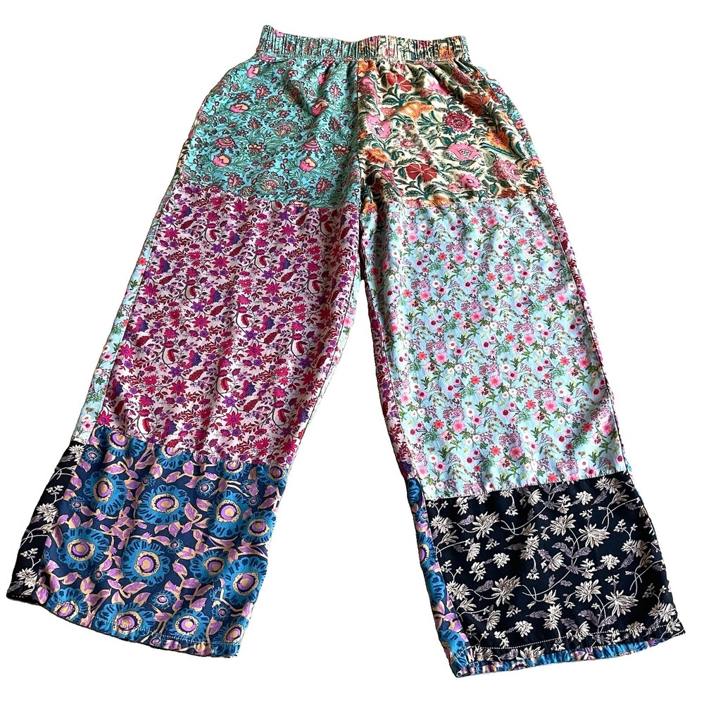 Natural Life Mimi Patchwork Pull On Cropped Wide Leg Pants Elastic Waist Small